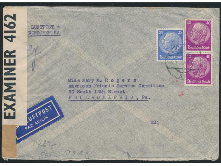 Luftpostbrief 2. Gewicht (bis 10 g) nach USA, Frankatur 105 Pf., Stempel Wien 25.7.41, Absenderstempel  Gesellschaft der Freu