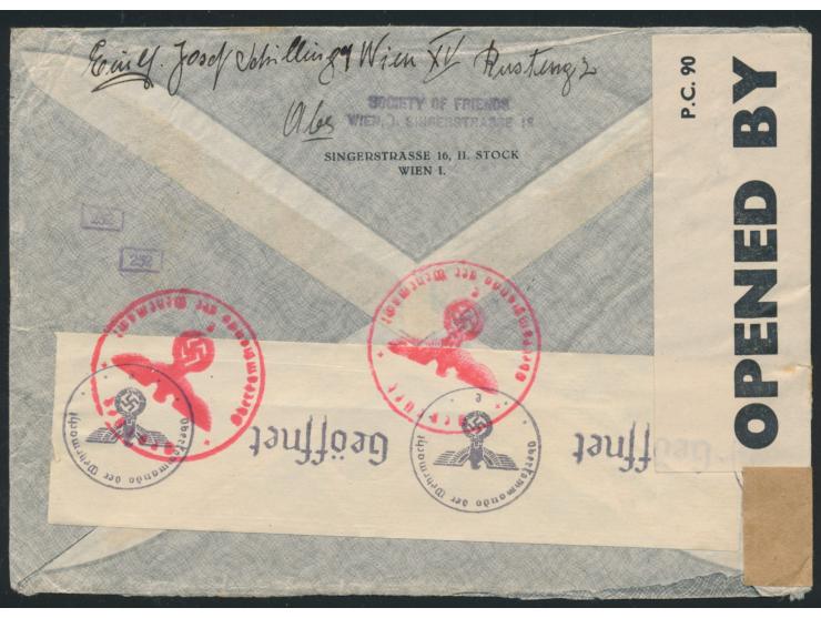 Luftpostbrief 2. Gewicht (bis 10 g) nach USA, Frankatur 105 Pf., Stempel Wien 25.7.41, Absenderstempel  Gesellschaft der Freu