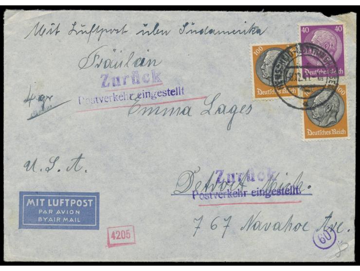 40 und 2x 100 Pfg. Hindenburg auf Luftpostbrief  nach USA via Südamerika,  Stempel Berlin 8.12.41. Wegen der OKW-Zensur gelan