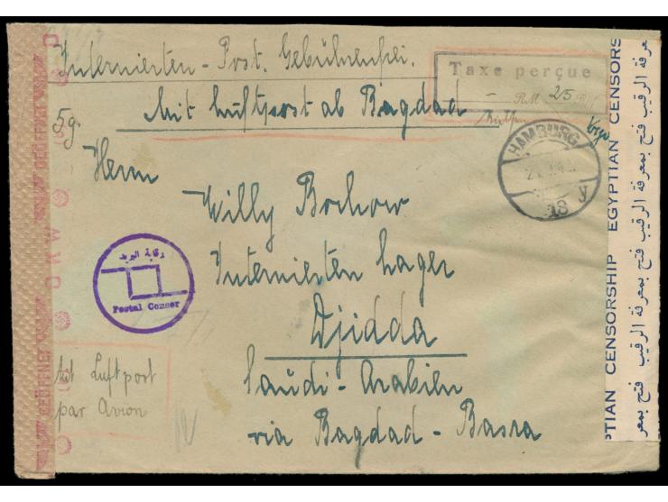 Stempel  Hamburg 18  21.9.42 und Stempel  Taxe percue , handschriftlich 25 Pf., auf  Luftpostbrief  mit  Luftpost ab Bagdad, 