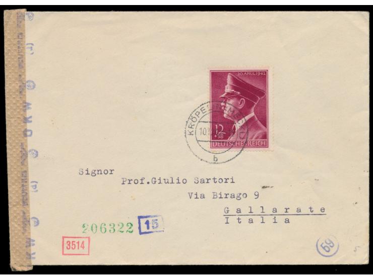 Einzelfrankatur Sondermarke 12 + 58 Pf. "53. Geburtstag von Adolf Hitler" auf Brief mit Stempel Kröppelin (Meckl) 10.12.42 im