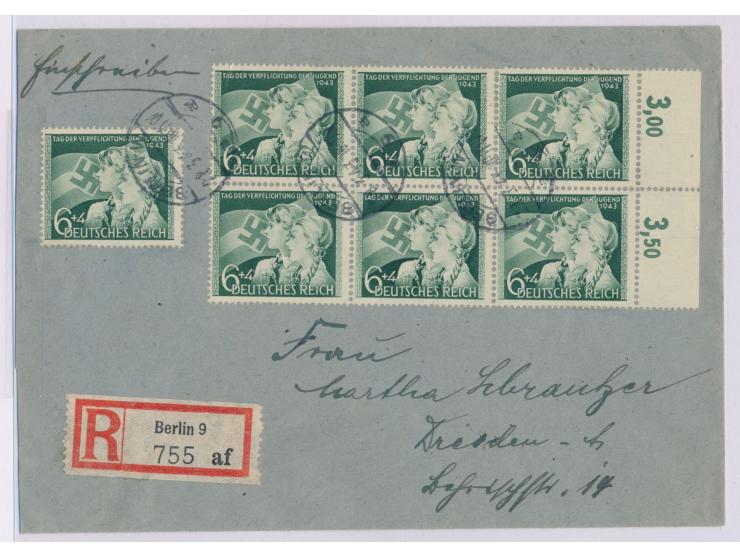 7 x 6 Pf. "Verpflichtung der Jugend" auf Einschreibbrief mit Stempel Berlin W 9 28.3.43 nach Dresden, Ankunftstempel 29.3.43,