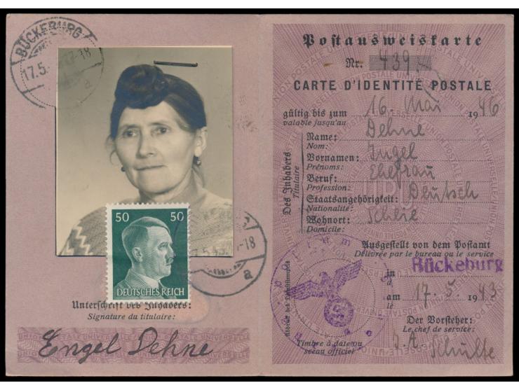 Postausweiskarte  mit 50 Pf. Hitler, Stempel  Bückeburg  17.5.43
Postleitzahl: 316
