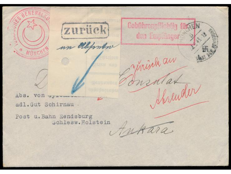 Briefumschlag aus Rendsburg an Deutsche Konsulat in Ankara durch Vermittlung des &nbsp;&nbsp;Türkischen Generalkonsulats &nbs