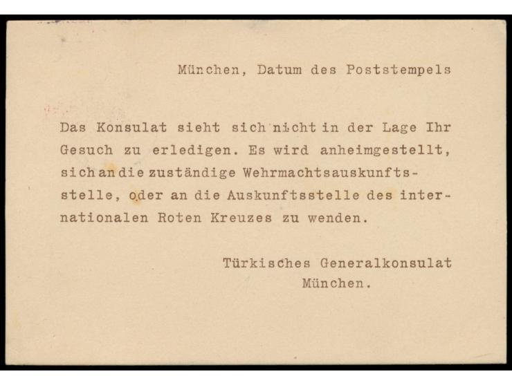 Drucksachenkarte des  Türkischen Generalkonsulats  in München mit Text "Das Konsulat sieht sich nicht in der Lage Ihr Gesuch 