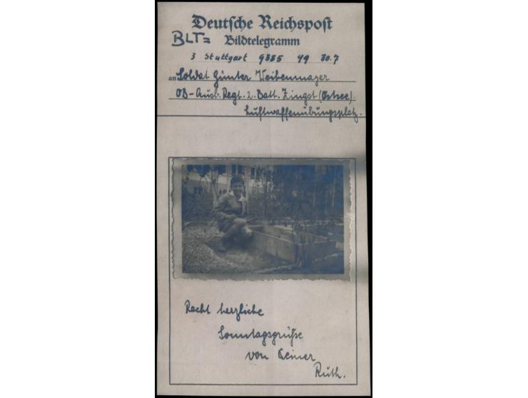 Bildtelegramm &nbsp;(19 x 10 cm) aus Stuttgart vom 30.7.1943 an einen Soldaten auf dem Luftwaffenübungsplatz Zingst, aufgenom