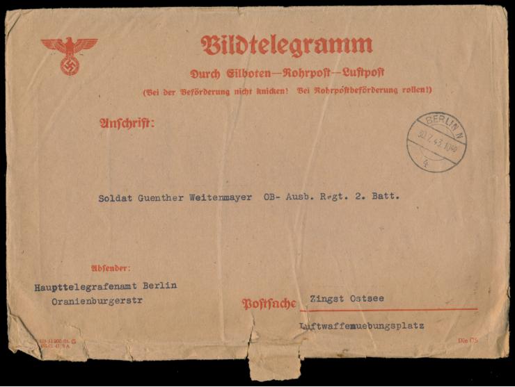 Bildtelegramm &nbsp;(19 x 10 cm) aus Stuttgart vom 30.7.1943 an einen Soldaten auf dem Luftwaffenübungsplatz Zingst, aufgenom