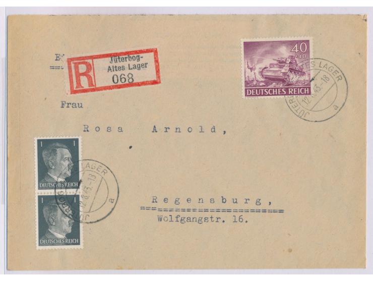 Einschreibbrief  mit Stempel  Jüterbog - Altes Lager  12.8.43, entsprechender R-Zettel, Mischfrankatur 42 Pf., nach Regensbur