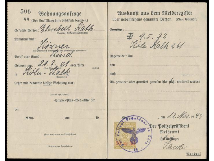 Formular Meldeamt Köln: Wohnungsanfrage / Auskunft aus dem Melderegister, &nbsp;mit eingedruckter Steuermarke &nbsp;50 Pf. Ve