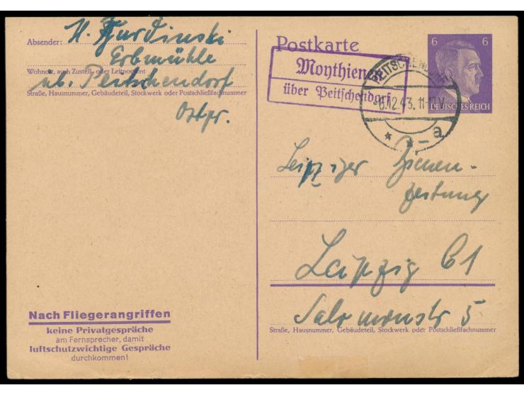Kreis Sensburg (Ostpreußen):  Stempel  Peitschendorf  6.12.43 und seltener  PSt II-Stempel Moythienen über Peitschendorf  auf