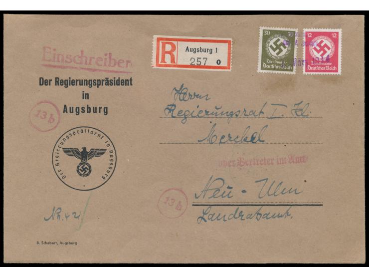 Einschreibbrief &nbsp;mit Dienstmarken-Frankatur 42 Pf. von Augsburg nach Neu-Ulm, entwertet mit violettem L2 &nbsp;Sonderann