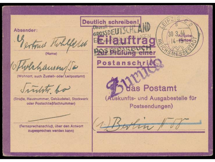 violette  Eilauftrag zur Prüfung einer Postanschrift  mit Maschinenstempel Leipzig C 2 30.3.44 nach Berlin N 58, Anfrage nach