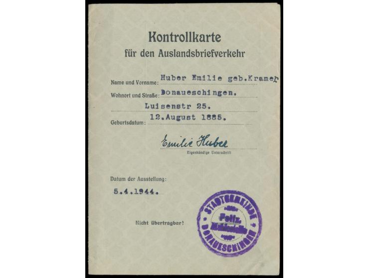 Kontrollkarte für den Auslandsbriefverkehr  mit Dienstsiegel "Stadtgemeinde Donaueschingen / Polizei-Meldestelle", innen Post