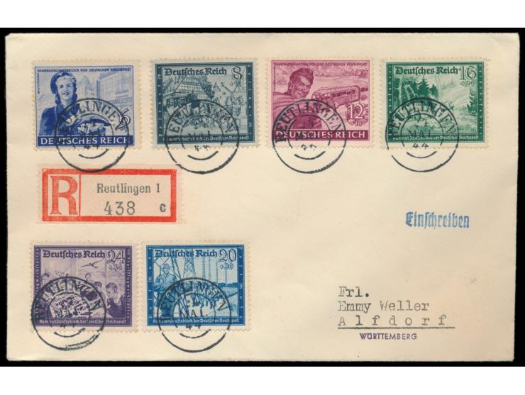 Satz  Kameradschaftsblock der Deutschen Reichspost  auf Einschreibbrief mit wiederverwendetem kleinen Württemberg-K2  Reutlin
