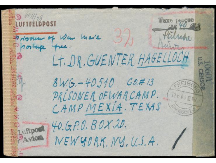 Kriegsgefangenen-Luftpostbrief an einen deutschen Soldaten im Camp Mexia, Texas / USA, Stempel  Freiburg (Breisgau) 1  12.6.4