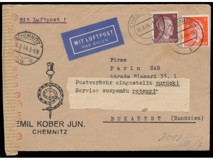 Luftpostbrief zum Europatarif nach Bukarest, Frankatur 8 Pf. und 15 Pf. Hitler (1 Pf. überfrankiert), Stempel Chemnitz 18.8.4