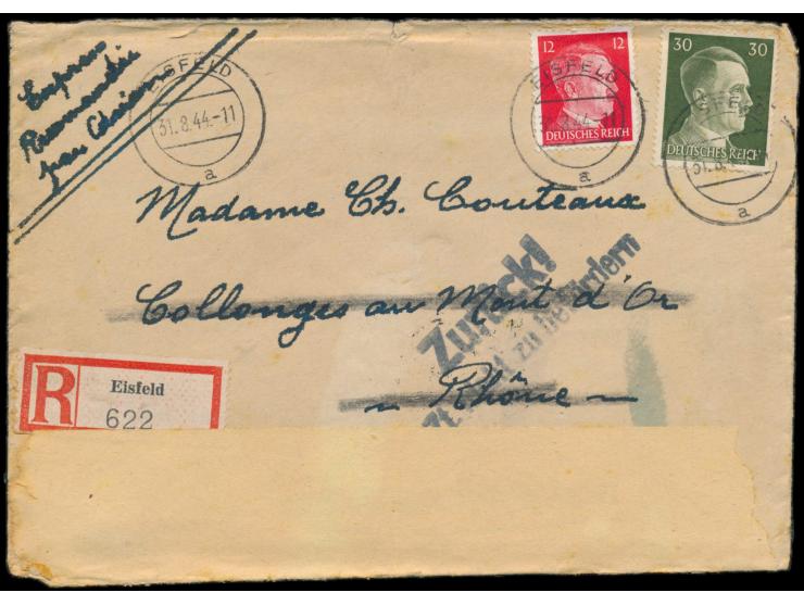 12 Pf. und 30 Pf. Hitler auf &nbsp;Einschreibbrief &nbsp;mit Stempel Eisfeld 31.8.44 &nbsp;im Europatarif nach Frankreich, &n