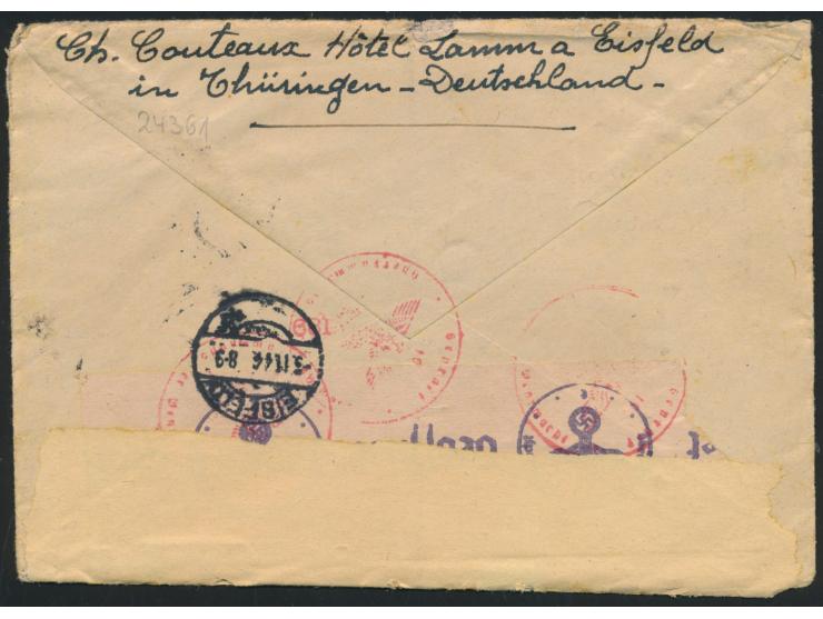 12 Pf. und 30 Pf. Hitler auf &nbsp;Einschreibbrief &nbsp;mit Stempel Eisfeld 31.8.44 &nbsp;im Europatarif nach Frankreich, &n