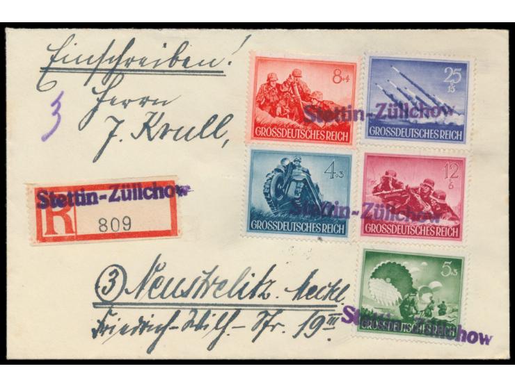 Einschreibbrief mit Sondermarken-Mischfrankatur 54 Pf., entwertet mit violettem Not-L1  Stettin-Züllchow,  gleicher Stempel a