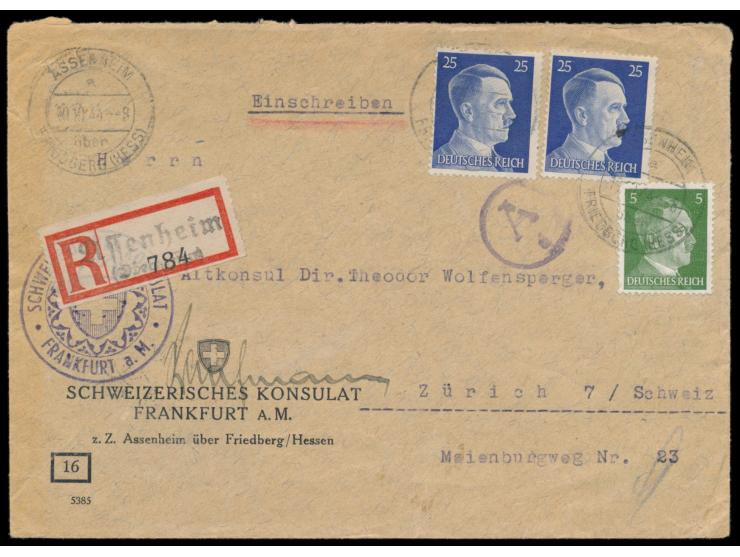 5 und 2x 25 Pfg. Hitler auf Vordruck- Einschreibbrief des &nbsp;Schweizerischen Konsulats Frankfurt , &nbsp;mit Dienstsiegel 
