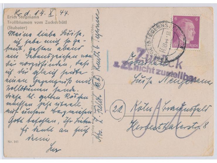 6 Pf. Hitler auf Postkarte mit Stempel Kreuth (b. Tegernsee) 14.10.44 &nbsp;nach Köln-Braunsfeld &nbsp;(linksrheinisch), wege