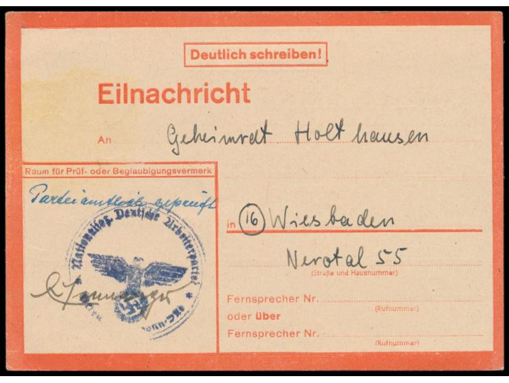 Eilnachrichtenkarte "Lebenszeichen von ..."   mit aus Bonn nach Wiesbaden,  NSDAP-Dienstsiegel  und handschriftlich  "Parteia