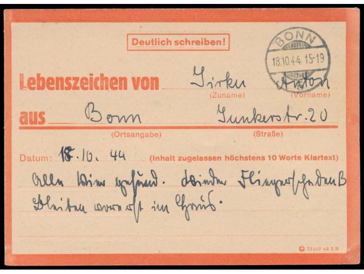 Eilnachrichtenkarte "Lebenszeichen von ..."   mit aus Bonn nach Wiesbaden,  NSDAP-Dienstsiegel  und handschriftlich  "Parteia