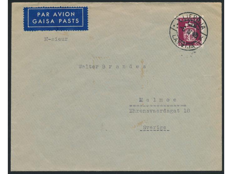 Einzelfrankatur 20 S. Wappen (Ausgabe 1940) auf  Luftpostbrief  nach Schweden,  Sondertarif,  Stempel  Liepaja  6.4.40, rücks