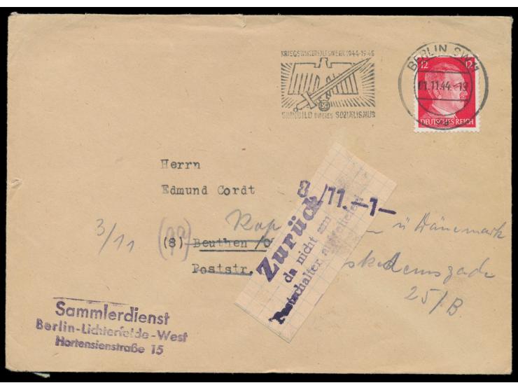 12 Pf. Hitler auf Brief mit Maschinenstempel Berlin SW 11 1.11.44 nach Beuthen, dort am 3.11. nach Kopenhagen umadressiert, N