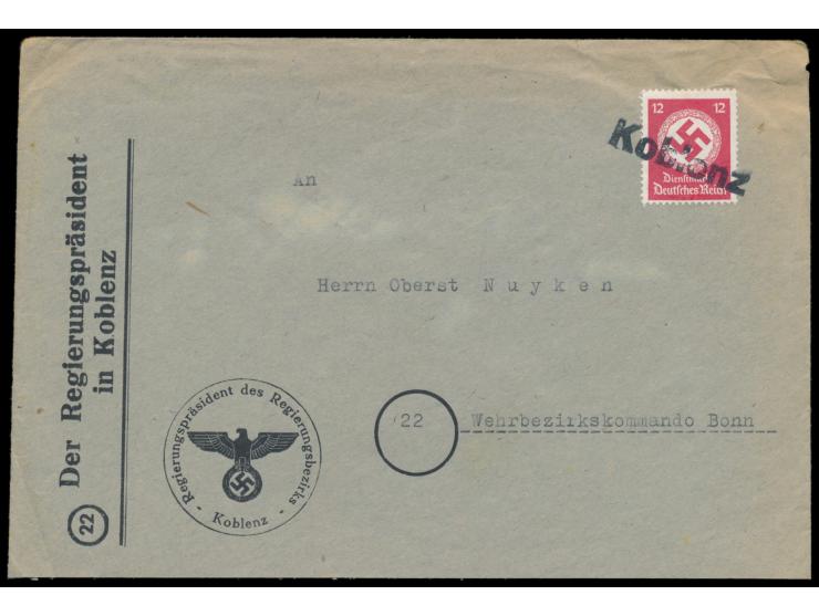 Dienstmarke 12 Pf. auf Brief des Regierungspräsidenten in Koblenz nach Bonn, Marke mit &nbsp;Not-L1 Koblenz &nbsp;entwertet, 
