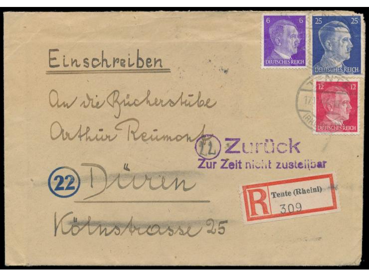 6, 12 und 25 Pf. Hitler (letztere kleine Mängel) auf  Einschreibbrief  mit Stempel Tente (Rheinland) 17.11.44, Absender aus W