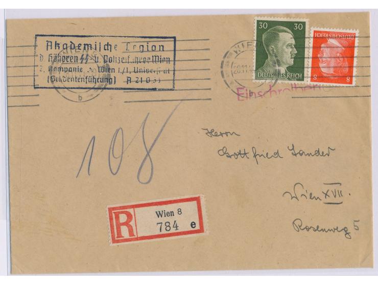 Orts-Einschreibbrief mit Maschinenstempel Wien 8 28.11.44, Frankatur 8 und 30 Pf. Hitler, vorderseitig Absenderstempel  "Akad