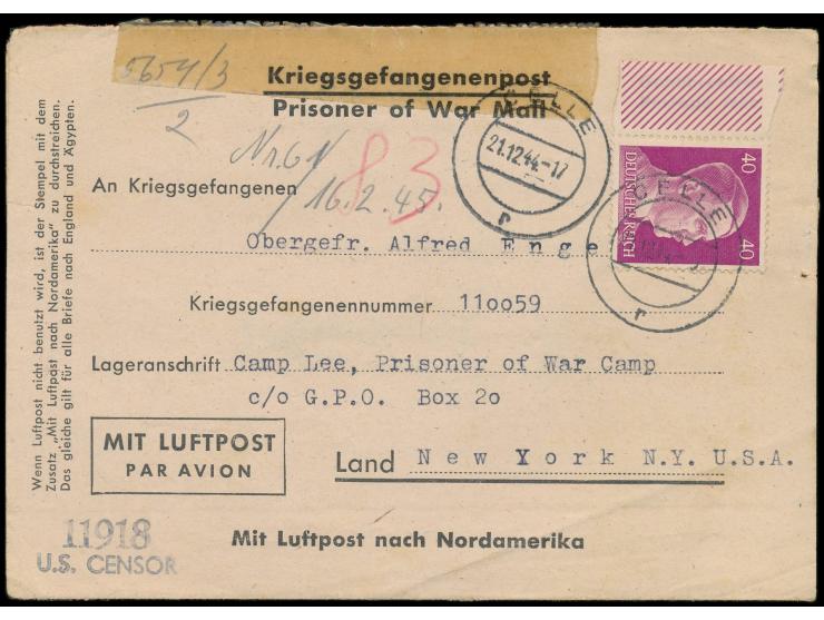 Einzelfrankatur  40 Pf. Hitler  (Seitenrand links) als  Luftpostzuschlag  auf Kriegsgefangenen-Vordruckfaltbrief nach Camp Le
