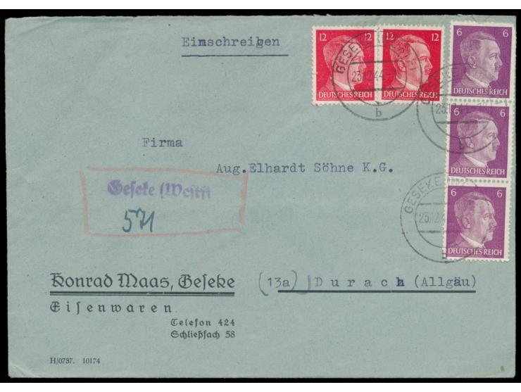 Einschreibbrief mit 3 x 6 Pf., und 2 x 12 Pf. Hitler von &nbsp;Geseke (Westf) &nbsp;23.12.44 nach Durach, &nbsp;provisorische