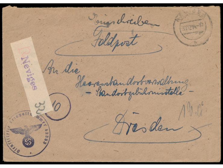 Feldpost-Einschreibbrief mit Stempel &nbsp;Neviges &nbsp;30.12.44 nach Dresden, &nbsp;selbstgefertigter Not-R-Zettel, &nbsp;A