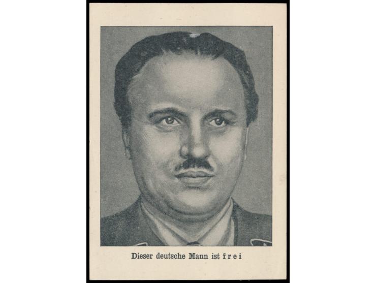 1944 / 1945: Britische  Propagandafälschung  3 Pf. Hitler auf Propagandakarte "Dieser deutsche Mann ist frei" (Dr. Ludwig Sch