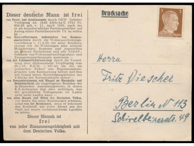 1944 / 1945: Britische  Propagandafälschung  3 Pf. Hitler (kleine Mängel) auf Propagandakarte "Dieser deutsche Mann ist frei"