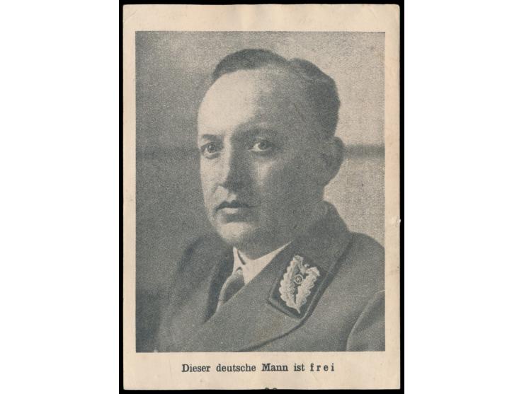 1944 / 1945: Britische  Propagandafälschung  3 Pf. Hitler (kleine Mängel) auf Propagandakarte "Dieser deutsche Mann ist frei"