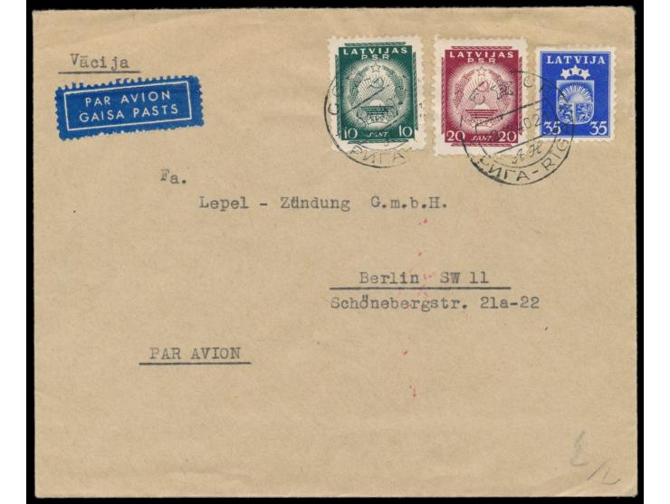 Lettische SSR:  10 S. und 20 S. mit 35 S. Wappen (Ausgabe 1940) auf  Luftpostbrief  nach Berlin, zweisprachiger Stempel CCCP 