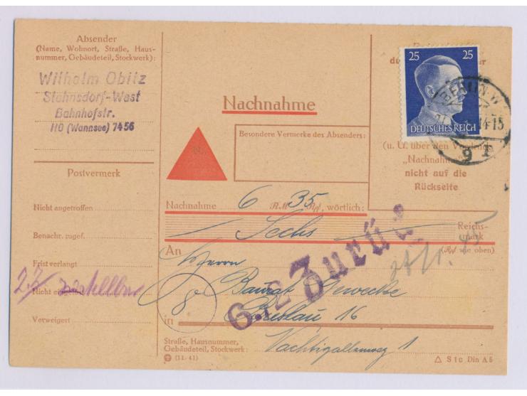 Einzelfrankatur 25 Pf. Hitler auf  Nachnahme-Drucksache  mit Stempel  Berlin W 9  27.1.45  nach Breslau,  großer L1  6.2. Zur