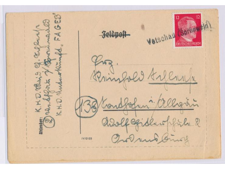 12 Pf. Hitler auf Faltbrief mit  Not-L1   Vetschau (Spreewald)  nach Sonthofen, Absenderangabe "K.H.D. Maid ... K.H.D. Unterk