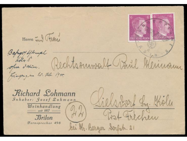 Brief aus Brilon nach Sielsdorf (Bezirk Köln), Frankatur 2 x 6 Pf. Hitler mit  Dienstsiegel Bahnpostamt 8 Köln  entwertet, ha