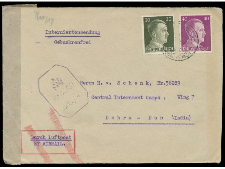 30 und 40 Pfg. Hitler auf &nbsp;Luftpost - Interniertenbrief &nbsp;Hilkenbrock 8.2.45 in das indische Lager Dehra Dun, Wing 7