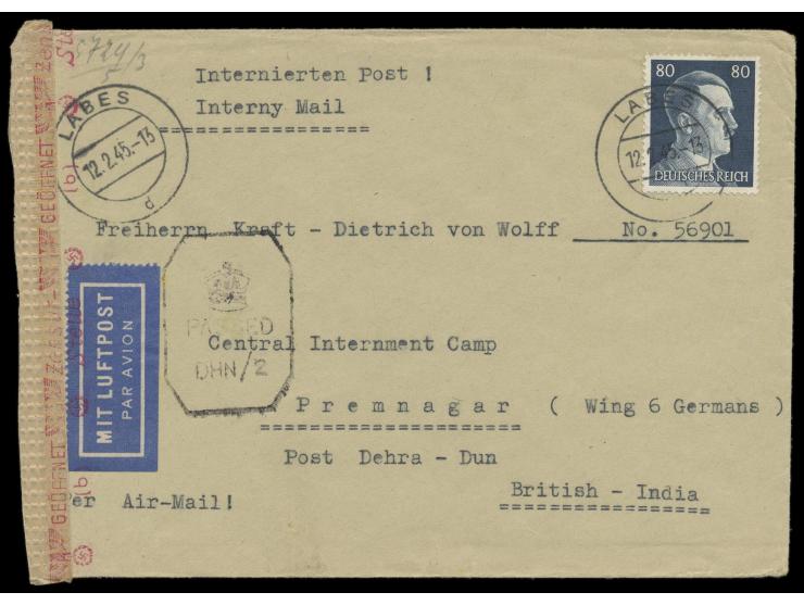 Einzelfrankatur 80 Pfg. Hitler auf Luftpost  Interniertenbrief  in das indische Lager Premnagar bei  Dehra Dun,  Stempel Labe
