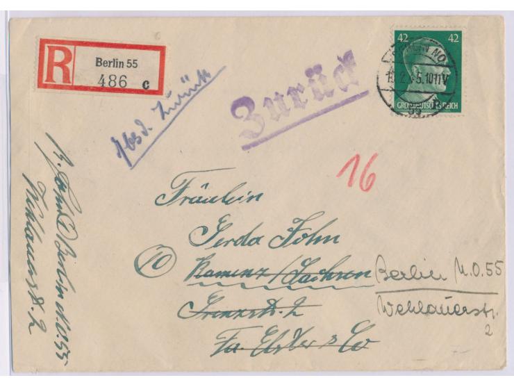 Einzelfrankatur 42 Pfg. Hitler auf Einschreibbrief Berlin 55 18.2.45 nach Kamenz, Ankunftsstempel  25.2.45, handschriftlich  