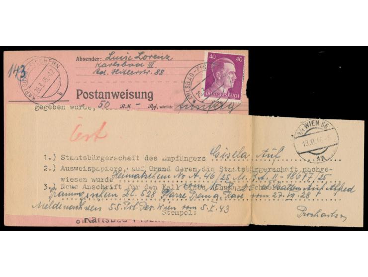 Einzelfrankatur 40 Pf. Hitler auf  Postanweisung  auf 50 RM mit Stempel  Karlsbad-Fischern  26.3.45 nach Wien, erst nach Krie