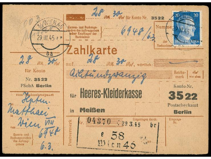 20 Pfg. Hitler auf  Zahlkarte  auf 28 RM   mit Stempel und Bezirksstempel Wien 29.3.45 an das Postscheckamt Berlin, Bedarf
St