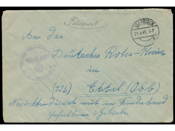 Feldpostbrief mit Stempel  Illertissen  23.4.45 an das "Deutsche Rote Kreuz in (13 b) Ettal / Oberbayern,  Nachrichtendienst 