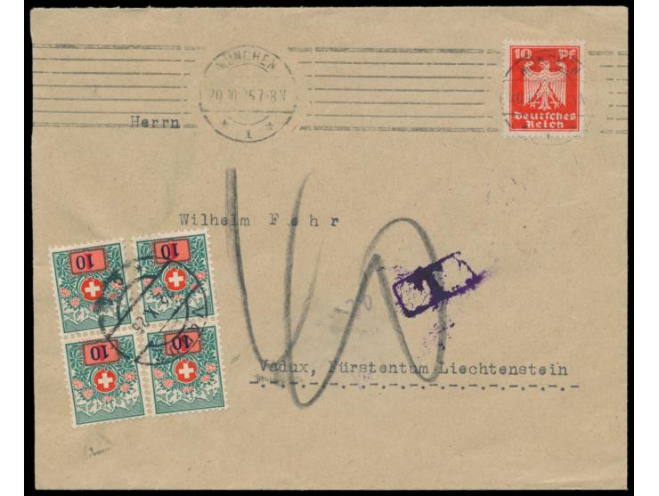 Deutsches Reich 10 Pfg. Reichsadler auf Auslandsbrief München 20.10.25 nach Vaduz, Tax-Stempel, &nbsp;handschriftlich 40 ct. 