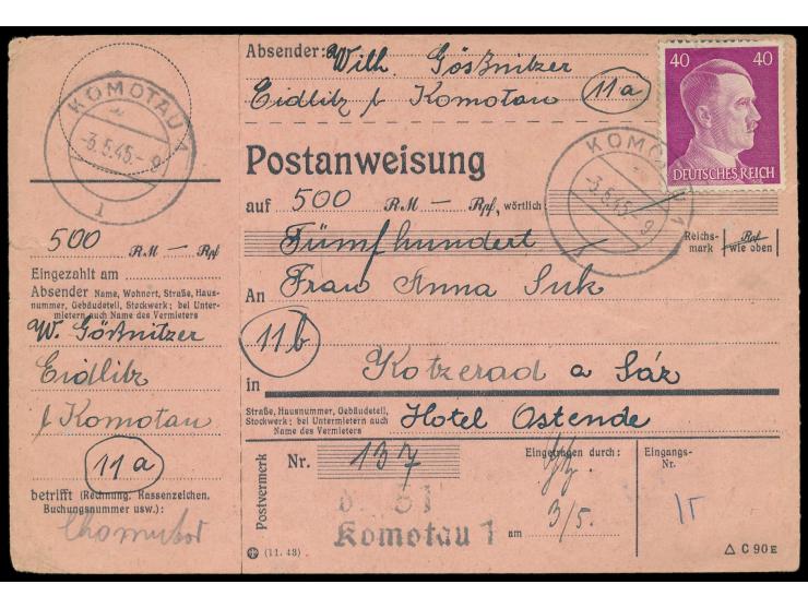 2 x 40 Pf. Hitler (1 x rückseitig) auf  Postanweisung  auf 500 RM mit Stempel  Komotau 1  3.5.45 nach (11b) Kotzerad, seltene
